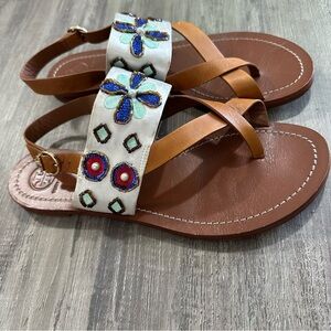 Tory Burch Estella Embellished Brown Leather Flat Sandals